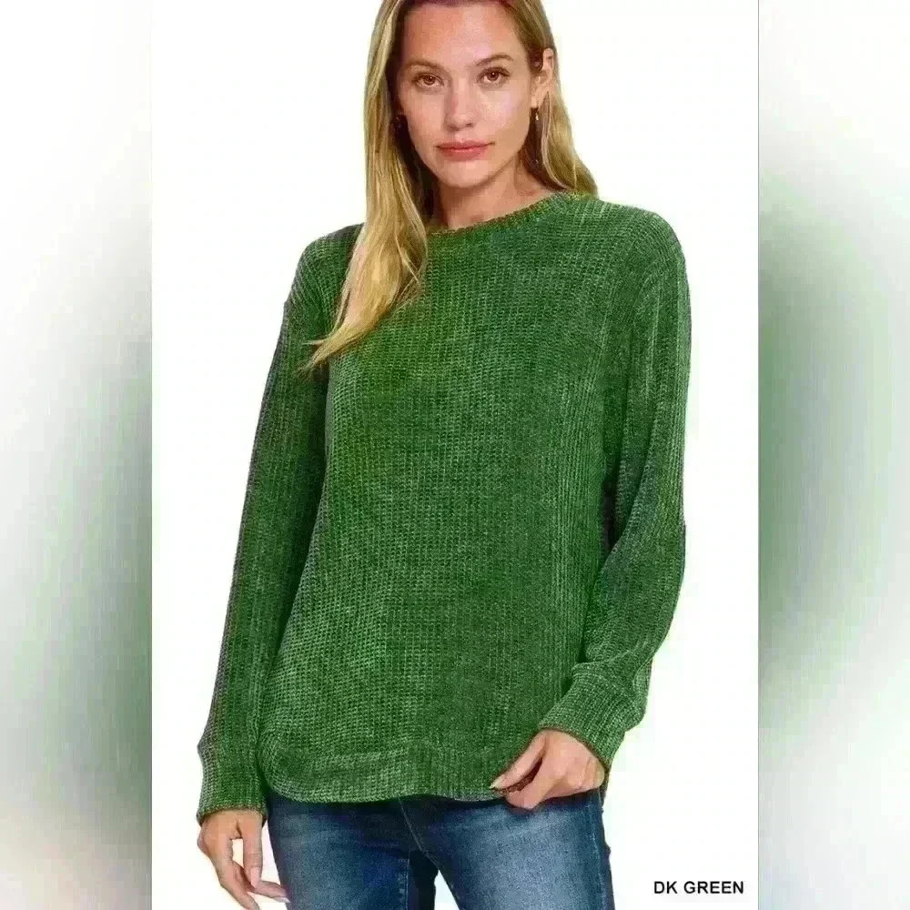 Chenille Waffle knit sweater-dark green